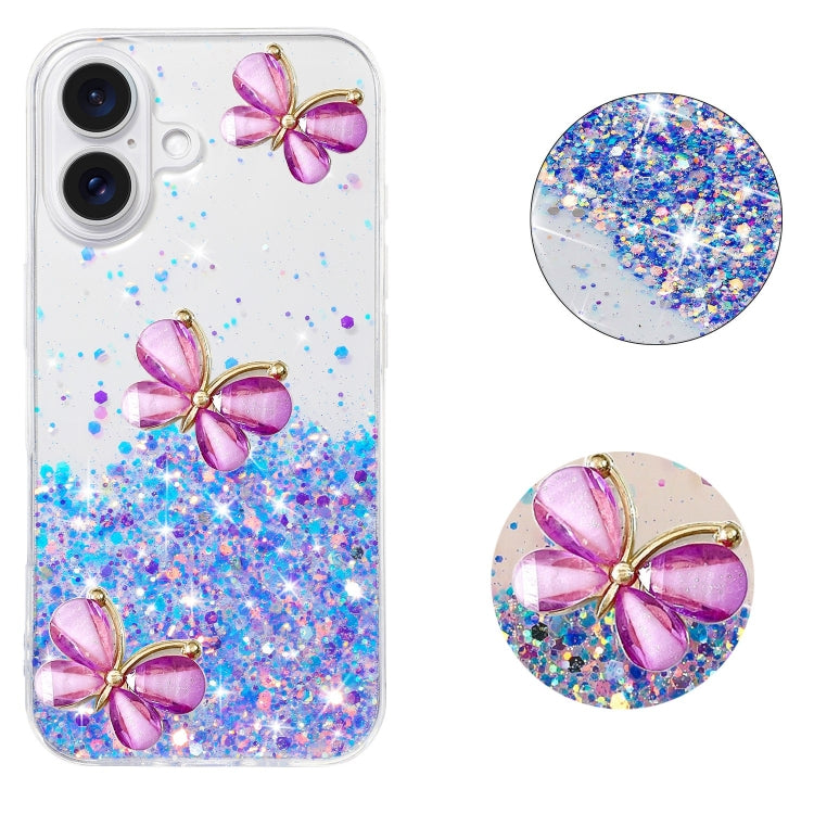 For iPhone 16 Luminous Starry Sky Glitter Butterfly TPU Phone Case(Purple) - iPhone 16 Cases by buy2fix | Online Shopping UK | buy2fix