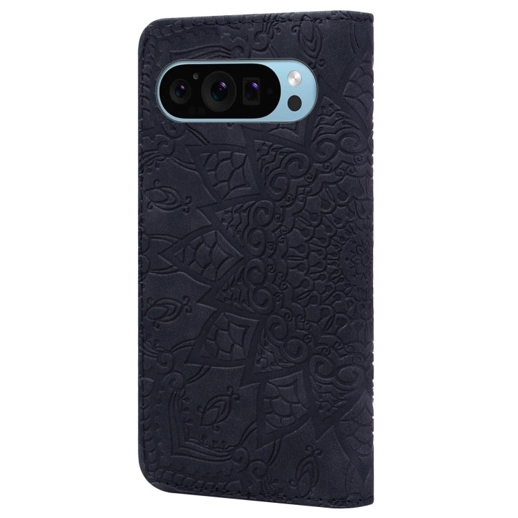 For Google Pixel 9 / 9 Pro Mandala Embossed Dual-Fold Calf Leather Phone Case(Black) - Google Cases by buy2fix | Online Shopping UK | buy2fix