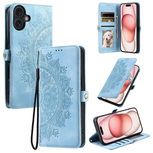 For iPhone 16 Skin Feel Totem Embossed Leather Phone Case(Blue) - iPhone 16 Cases by buy2fix | Online Shopping UK | buy2fix