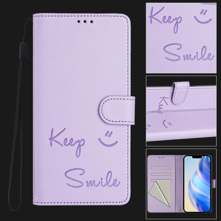 For iPhone 16 Pro Max Smile Embossing RFID Leather Phone Case(Light Purple) - iPhone 16 Pro Max Cases by buy2fix | Online Shopping UK | buy2fix