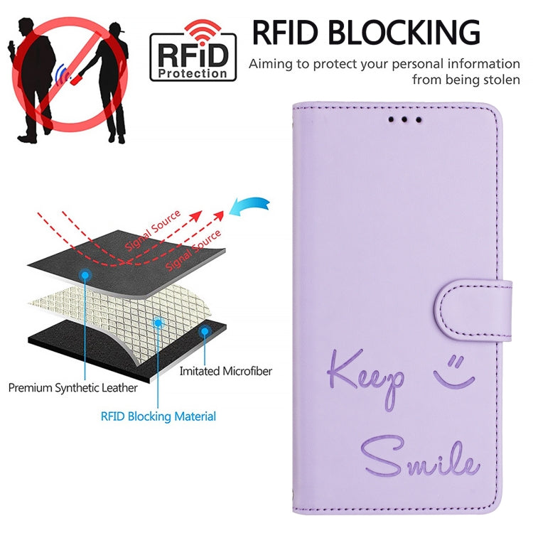 For iPhone 16 Pro Max Smile Embossing RFID Leather Phone Case(Light Purple) - iPhone 16 Pro Max Cases by buy2fix | Online Shopping UK | buy2fix