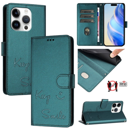 For iPhone 16 Pro Smile Embossing RFID Leather Phone Case(Peacock Green) - iPhone 16 Pro Cases by buy2fix | Online Shopping UK | buy2fix