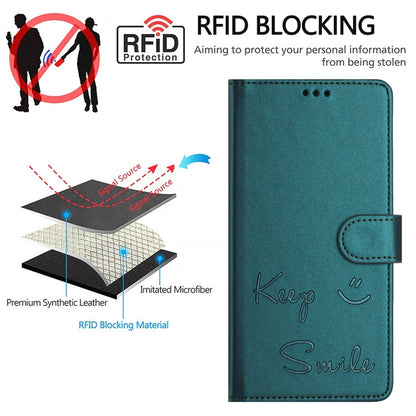 For iPhone 16 Pro Smile Embossing RFID Leather Phone Case(Peacock Green) - iPhone 16 Pro Cases by buy2fix | Online Shopping UK | buy2fix