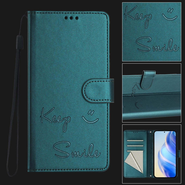 For Samsung Galaxy S25+ 5G Smile Embossing RFID Leather Phone Case(Peacock Green) - Galaxy S25+ 5G Cases by buy2fix | Online Shopping UK | buy2fix