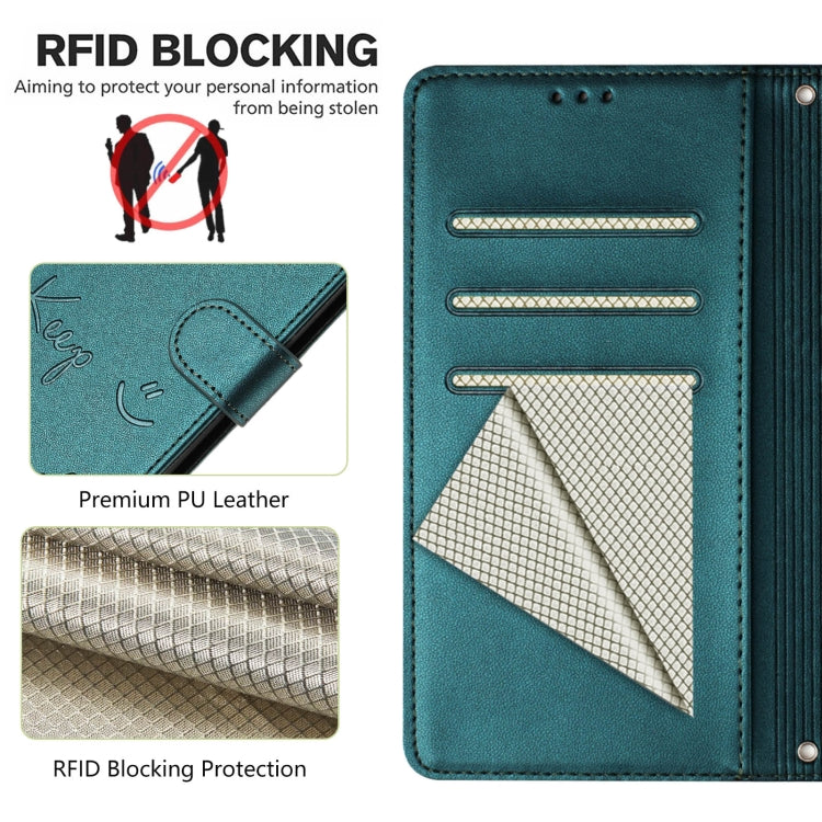 For Samsung Galaxy S25+ 5G Smile Embossing RFID Leather Phone Case(Peacock Green) - Galaxy S25+ 5G Cases by buy2fix | Online Shopping UK | buy2fix