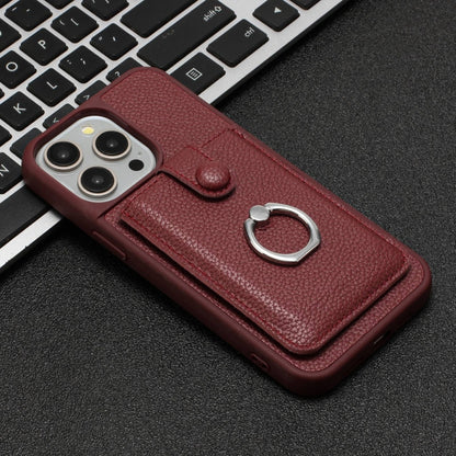 For iPhone 16 Pro Litchi Texture Drawing Card Bag Ring Holder Phone Case(Wine Red) - iPhone 16 Pro Cases by buy2fix | Online Shopping UK | buy2fix