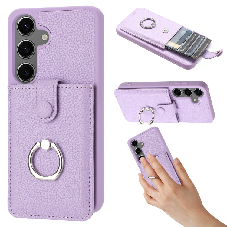 For Samsung Galaxy S25+ 5G Litchi Texture Drawing Card Bag Ring Holder Phone Case(Purple) - Galaxy S25+ 5G Cases by buy2fix | Online Shopping UK | buy2fix