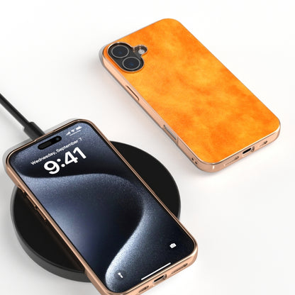 For iPhone 16 Nano Electroplating Dual Color Lichi Texture PU Phone Case(Orange) - iPhone 16 Cases by buy2fix | Online Shopping UK | buy2fix