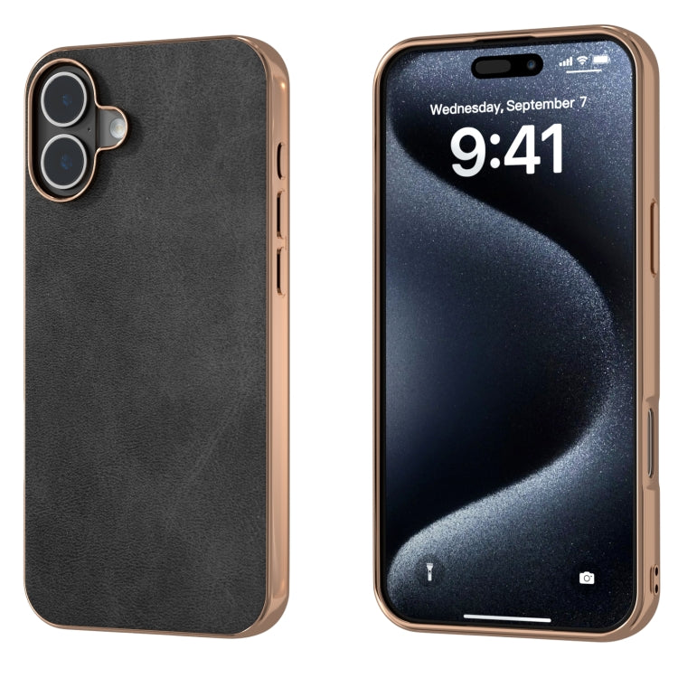 For iPhone 16 Plus Nano Electroplating Dual Color Cowhide Texture Protective Phone Case(Black) - iPhone 16 Plus Cases by buy2fix | Online Shopping UK | buy2fix