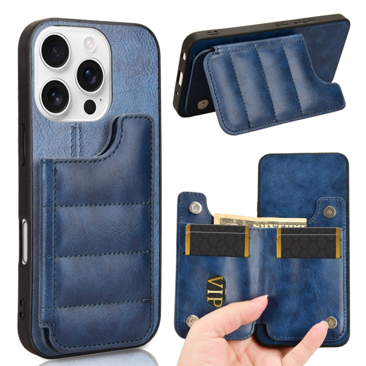 For iPhone 16 Pro Cow Pattern Sewing Card Bag Phone Case(Blue) - iPhone 16 Pro Cases by buy2fix | Online Shopping UK | buy2fix