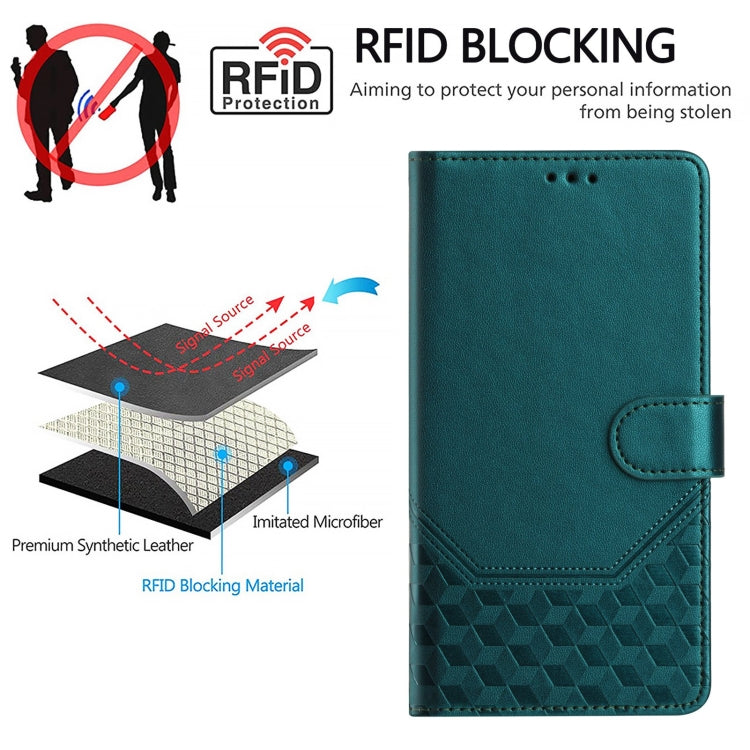 For Motorola Moto G Stylus 5G 2024 Honeycomb Embossing RFID Leather Phone Case(Peacock Green) - Motorola Cases by buy2fix | Online Shopping UK | buy2fix