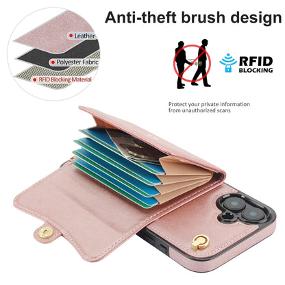 For iPhone 16 Plus RFID Card Slot Phone Case with Long Lanyard(Rose Gold) - iPhone 16 Plus Cases by buy2fix | Online Shopping UK | buy2fix