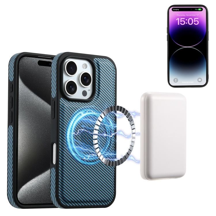 For iPhone 16 Plus Denior Carbon Fiber Texture Leather Card Bag MagSafe Phone Case(Blue) - iPhone 16 Plus Cases by Denior | Online Shopping UK | buy2fix