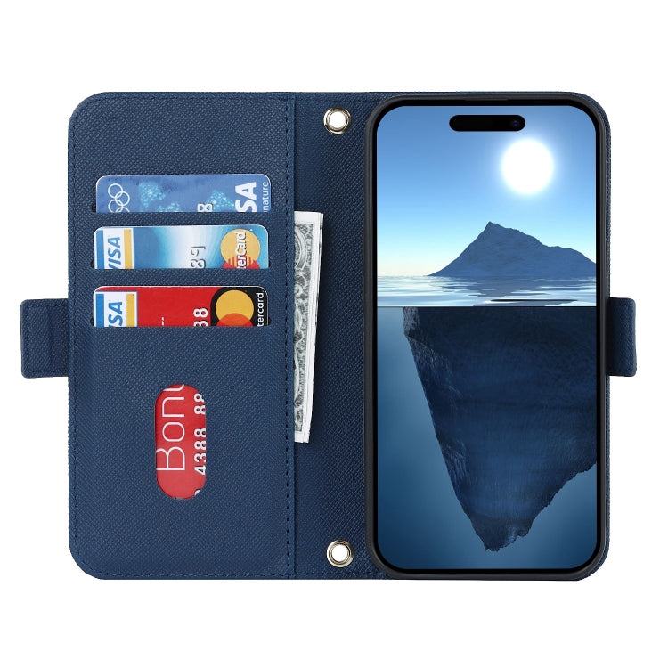 For iPhone 16 Pro Cross Texture Crossbody Lanyard Leather Phone Case(Blue) - iPhone 16 Pro Cases by buy2fix | Online Shopping UK | buy2fix