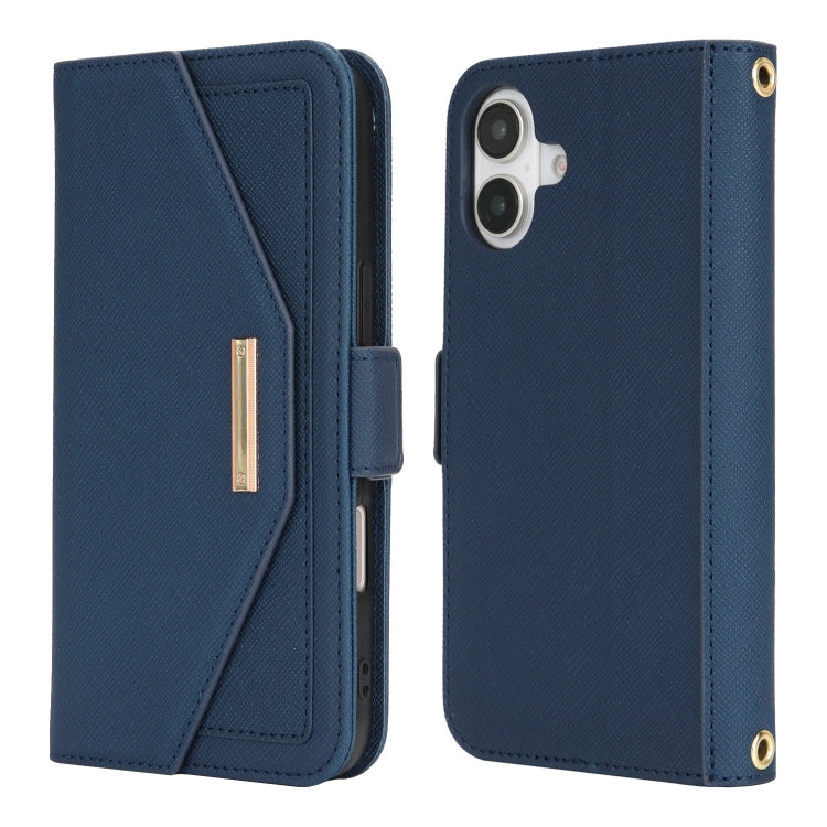 For iPhone 16 Plus Cross Texture Crossbody Lanyard Leather Phone Case(Blue) - iPhone 16 Plus Cases by buy2fix | Online Shopping UK | buy2fix