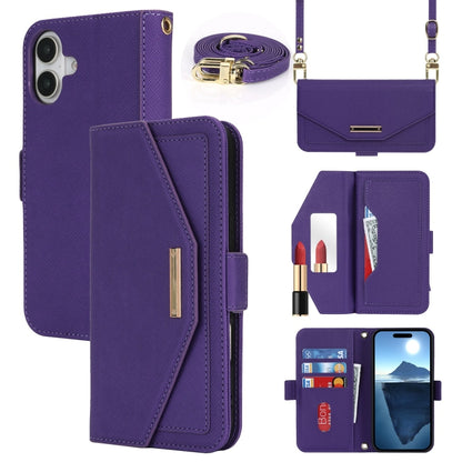 For iPhone 16 Plus Cross Texture Crossbody Lanyard Leather Phone Case(Purple) - iPhone 16 Plus Cases by buy2fix | Online Shopping UK | buy2fix