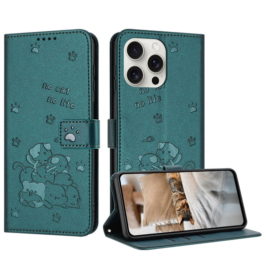 For iPhone 16 Pro Embossed Kitten Phone Leather Case with Lanyard(Dark Green) - iPhone 16 Pro Cases by buy2fix | Online Shopping UK | buy2fix