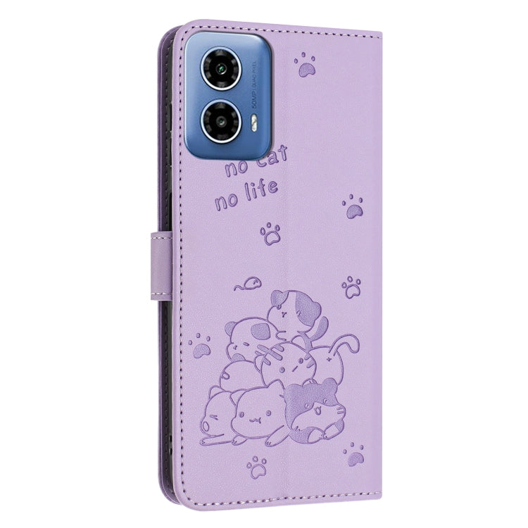 For Motorola Edge 2024 5G Embossed Kitten Phone Leather Case with Lanyard(Purple) - Motorola Cases by buy2fix | Online Shopping UK | buy2fix