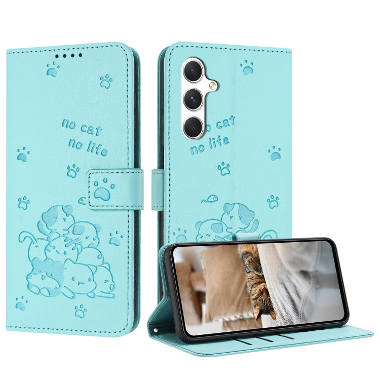 For Samsung Galaxy S25 / S24 5G Embossed Kitten Phone Leather Case with Lanyard(Mint Green) - Galaxy S24 5G Cases by buy2fix | Online Shopping UK | buy2fix