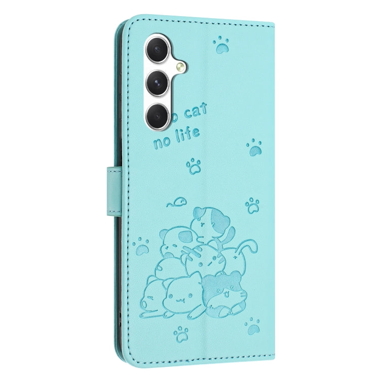 For Samsung Galaxy S25 / S24 5G Embossed Kitten Phone Leather Case with Lanyard(Mint Green) - Galaxy S24 5G Cases by buy2fix | Online Shopping UK | buy2fix