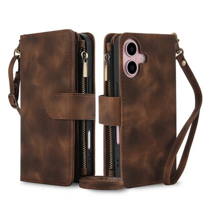 For iPhone 16 Dream 9-Card Zipper Wallet RFID Leather Phone Case with Lanyard(Brown) - iPhone 16 Cases by buy2fix | Online Shopping UK | buy2fix