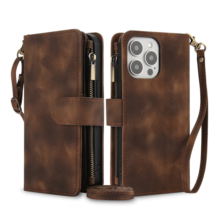 For iPhone 16 Pro Dream 9-Card Zipper Wallet RFID Leather Phone Case with Lanyard(Brown) - iPhone 16 Pro Cases by buy2fix | Online Shopping UK | buy2fix