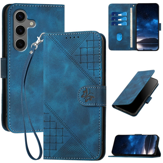 For Samsung Galaxy S25+ 5G YX0080 Grid Butterfly Embossed Pattern Flip Leather Phone Case with Lanyard(Dark Blue) - Galaxy S25+ 5G Cases by buy2fix | Online Shopping UK | buy2fix