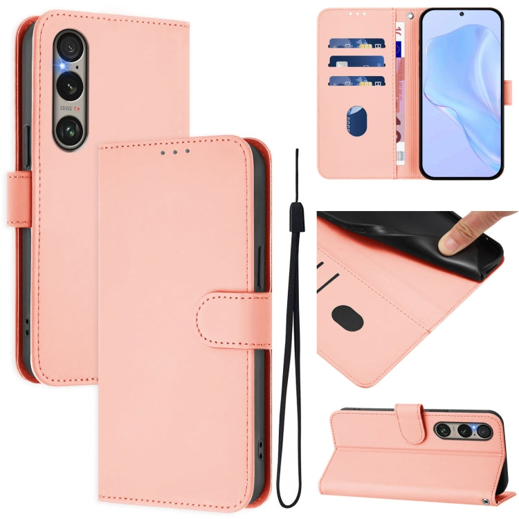 For Sony Xperia 1 VI 2024 Skin Feel Solid Color Leather Phone Case with Lanyard(Pink) - Sony Cases by buy2fix | Online Shopping UK | buy2fix