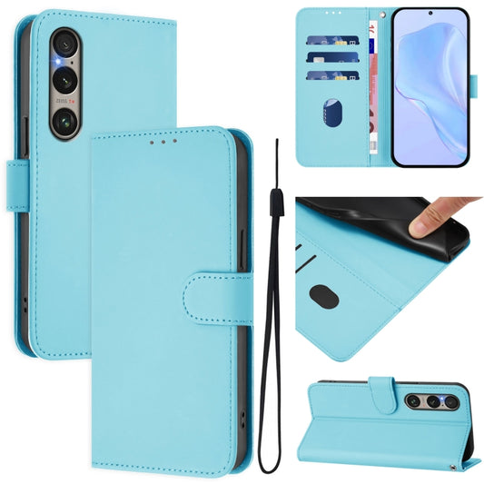 For Sony Xperia 1 VI 2024 Skin Feel Solid Color Leather Phone Case with Lanyard(Sky Blue) - Sony Cases by buy2fix | Online Shopping UK | buy2fix