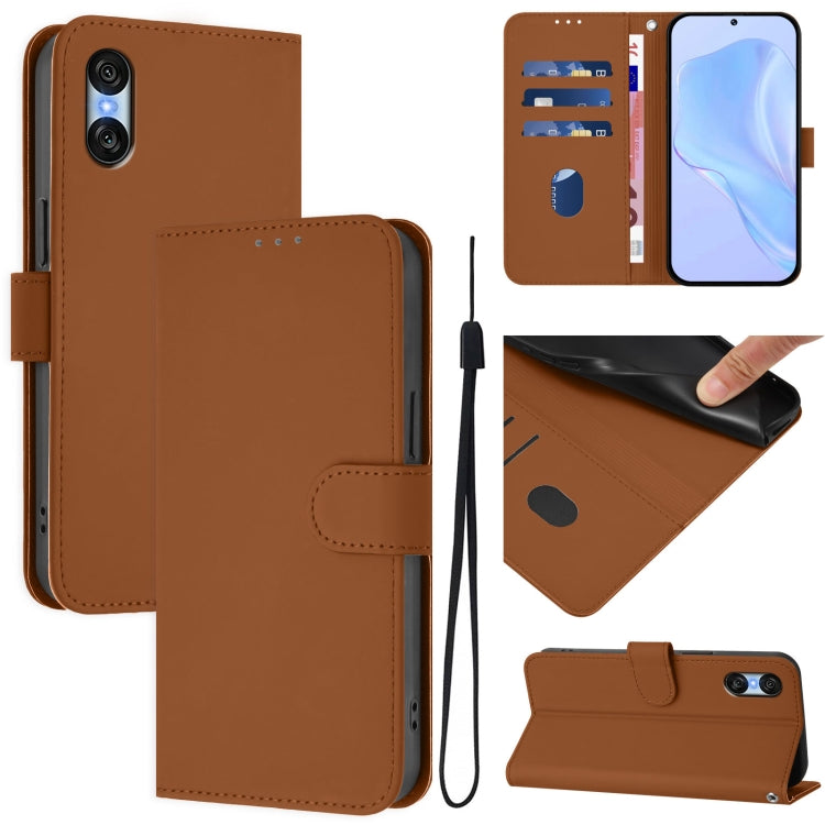 For Sony Xperia 10 VI 2024 Skin Feel Solid Color Leather Phone Case with Lanyard(Brown) - Sony Cases by buy2fix | Online Shopping UK | buy2fix