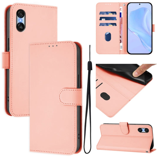 For Sony Xperia 10 VI 2024 Skin Feel Solid Color Leather Phone Case with Lanyard(Pink) - Sony Cases by buy2fix | Online Shopping UK | buy2fix