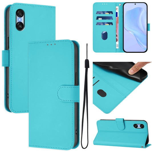 For Sony Xperia 10 VI 2024 Skin Feel Solid Color Leather Phone Case with Lanyard(Lake Blue) - Sony Cases by buy2fix | Online Shopping UK | buy2fix