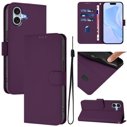 For iPhone 16 Plus Skin Feel Solid Color Leather Phone Case with Lanyard(Violet) - iPhone 16 Plus Cases by buy2fix | Online Shopping UK | buy2fix