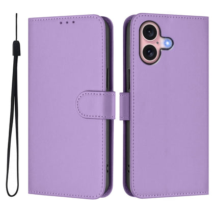 For iPhone 16 Skin Feel Solid Color Leather Phone Case with Lanyard(Lavender Purple) - iPhone 16 Cases by buy2fix | Online Shopping UK | buy2fix