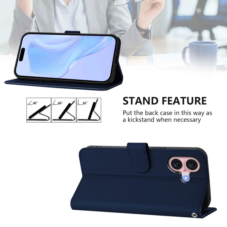 For iPhone 16 Skin Feel Solid Color Leather Phone Case with Lanyard(Navy Blue) - iPhone 16 Cases by buy2fix | Online Shopping UK | buy2fix