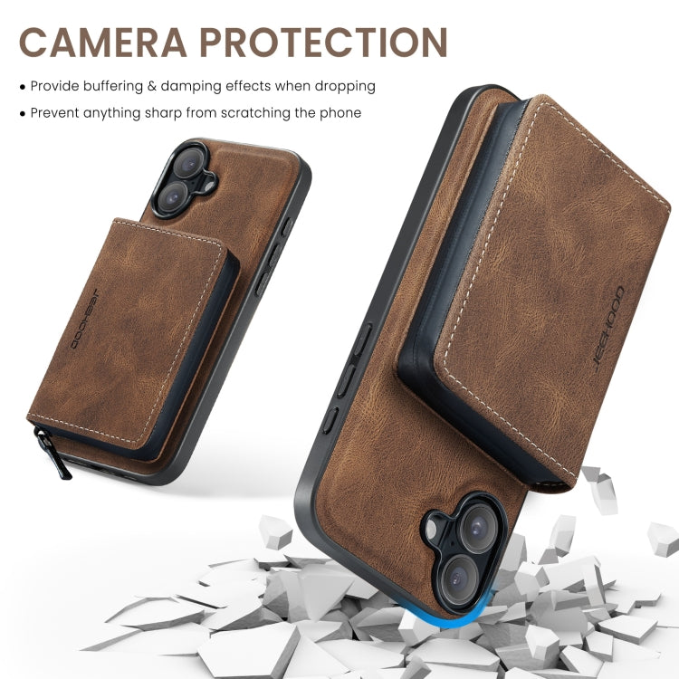 For iPhone 16 JEEHOOD J02 Magnetic Zipper Horizontal Flip Leather Phone Case(Brown) - iPhone 16 Cases by JEEHOOD | Online Shopping UK | buy2fix