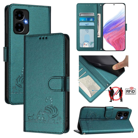 For Boost Mobile Celero 5G 2024 Cat Rat Embossed RFID Leather Phone Case with Lanyard(Peacock Green) - More Brand by buy2fix | Online Shopping UK | buy2fix