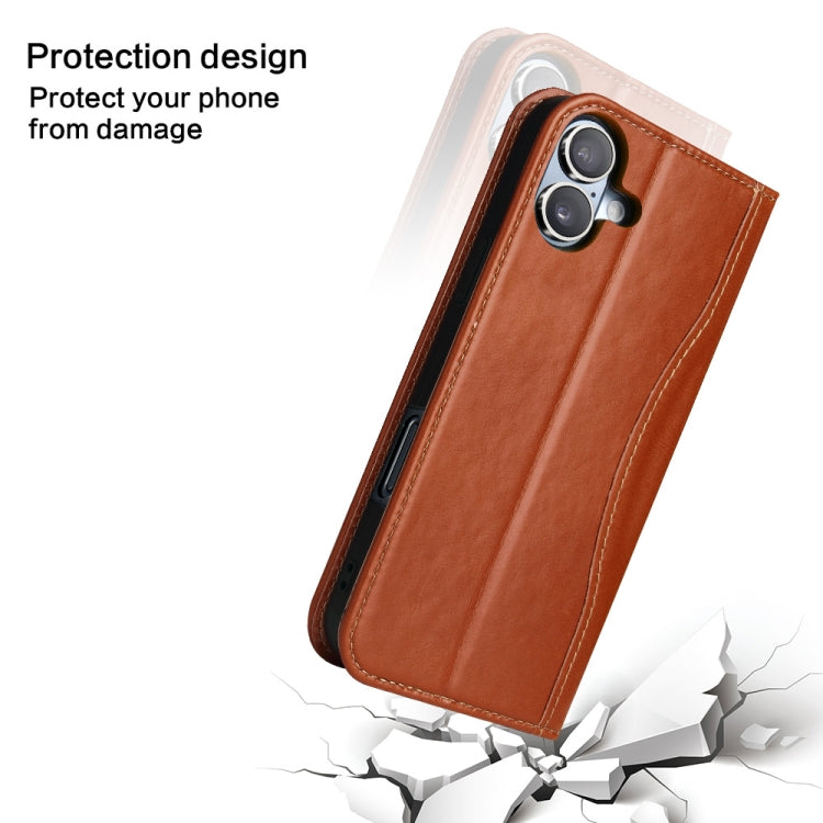 For iPhone 16 Plus Fierre Shann Cowhide Leather Flip Leather Phone Case(Brown) - iPhone 16 Plus Cases by FIERRE SHANN | Online Shopping UK | buy2fix