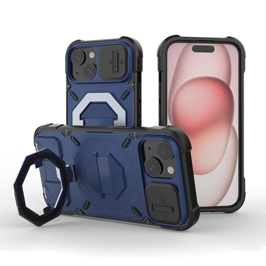 For iPhone 14 Plus Camera Shield Armor MagSafe Holder Phone Case with Strap(Sapphire Blue) - iPhone 14 Plus Cases by buy2fix | Online Shopping UK | buy2fix