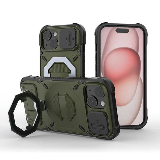 For iPhone 14 Plus Camera Shield Armor MagSafe Holder Phone Case with Strap(Dark Green) - iPhone 14 Plus Cases by buy2fix | Online Shopping UK | buy2fix