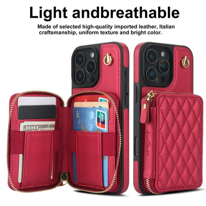 For iPhone 16 Pro AwQuer Crossbody Zipper Wallet Rhombic Leather Back Phone Case(Red) - iPhone 16 Pro Cases by Awquer | Online Shopping UK | buy2fix