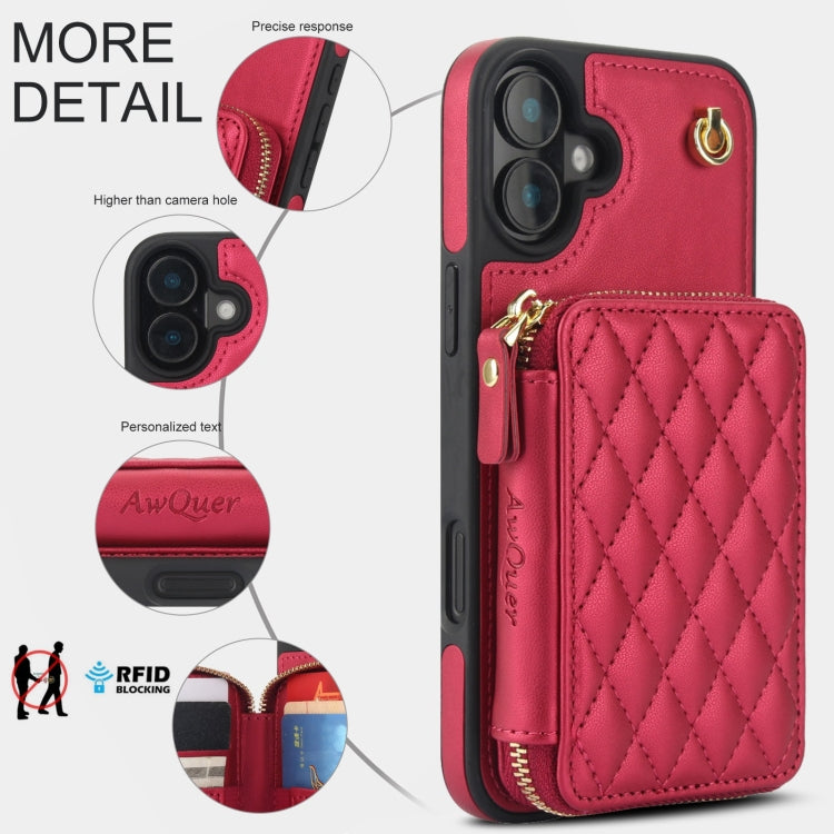 For iPhone 16 Plus AwQuer Crossbody Zipper Wallet Rhombic Leather Back Phone Case(Red) - iPhone 16 Plus Cases by Awquer | Online Shopping UK | buy2fix