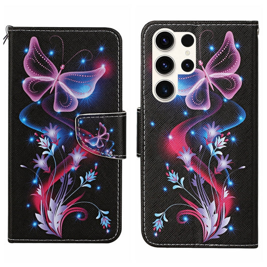 For Samsung Galaxy S25 Ultra 5G Colored Drawing Pattern Leather Phone Case(Fluorescent Butterfly) - Galaxy S25 Ultra 5G Cases by buy2fix | Online Shopping UK | buy2fix