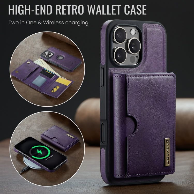 For iPhone 16 Pro DG.MING M6 Series RFID Tri-fold Card Bag Removable Leather Phone Case(Purple) - iPhone 16 Pro Cases by DG.MING | Online Shopping UK | buy2fix