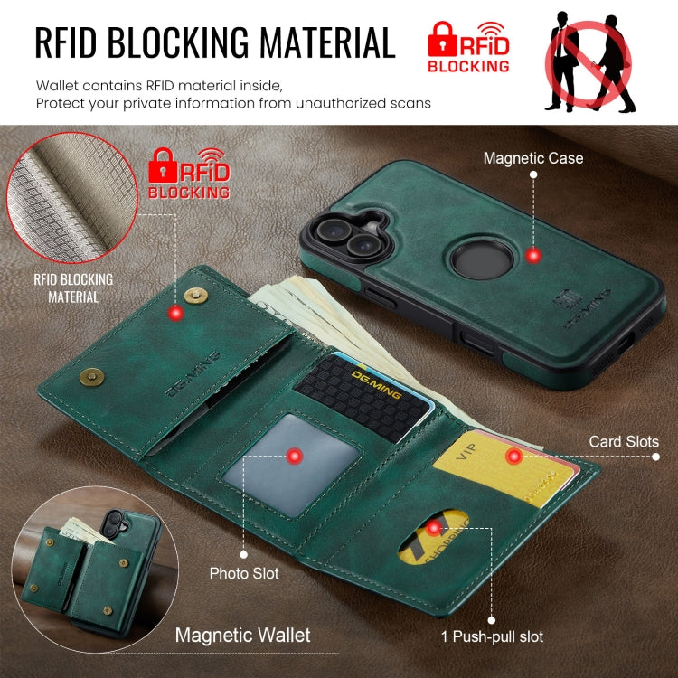 For iPhone 16 DG.MING M6 Series RFID Tri-fold Card Bag Removable Leather Phone Case(Green) - iPhone 16 Cases by DG.MING | Online Shopping UK | buy2fix