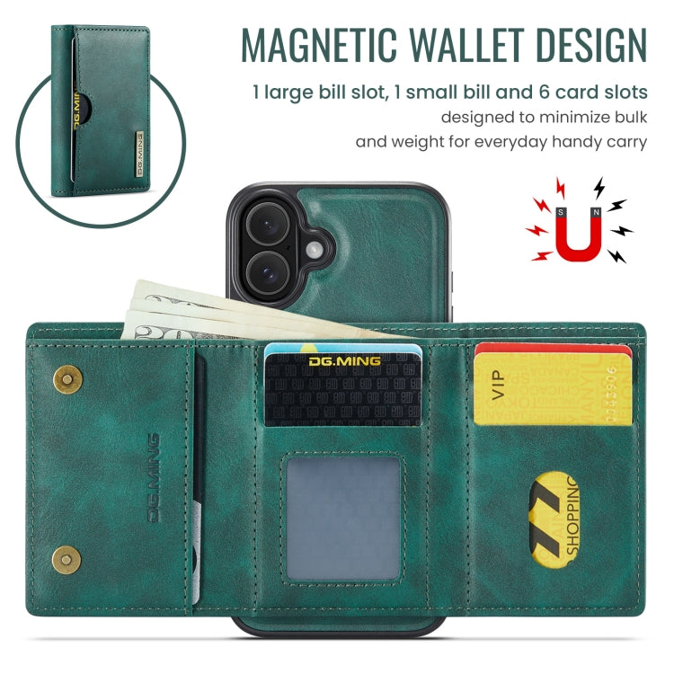 For iPhone 16 DG.MING M6 Series RFID Tri-fold Card Bag Removable Leather Phone Case(Green) - iPhone 16 Cases by DG.MING | Online Shopping UK | buy2fix