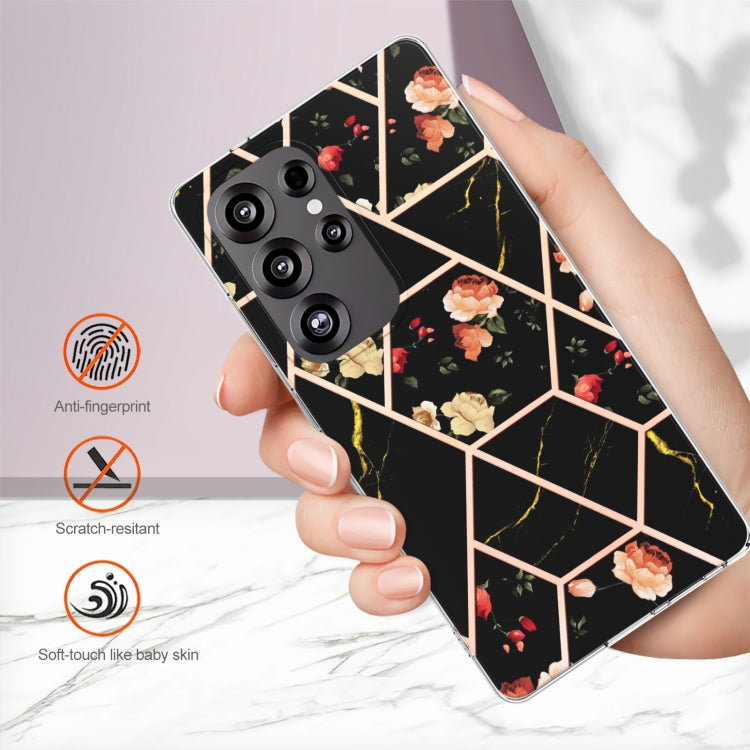 For Samsung Galaxy S25 Ultra 5G Splicing Marble Flower IMD TPU Phone Case(Black Flower) - Galaxy S25 Ultra 5G Cases by buy2fix | Online Shopping UK | buy2fix