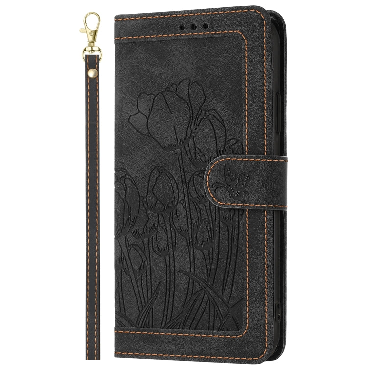 For Samsung Galaxy S25 Ultra 5G Tulips Embossed Leather Phone Case with Lanyard(Black) - Galaxy S25 Ultra 5G Cases by buy2fix | Online Shopping UK | buy2fix