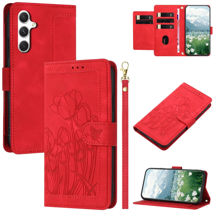 For Samsung Galaxy S25+ 5G Tulips Embossed Leather Phone Case with Lanyard(Red) - Galaxy S25+ 5G Cases by buy2fix | Online Shopping UK | buy2fix