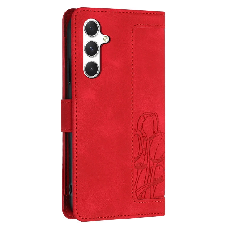 For Samsung Galaxy S25+ 5G Tulips Embossed Leather Phone Case with Lanyard(Red) - Galaxy S25+ 5G Cases by buy2fix | Online Shopping UK | buy2fix